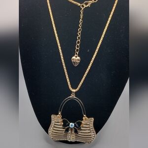 BETSEY JOHNSON GOLD ALLOY PURSE NECKLACE BLACK & WHITE ENAMEL WITH RHINESTONES